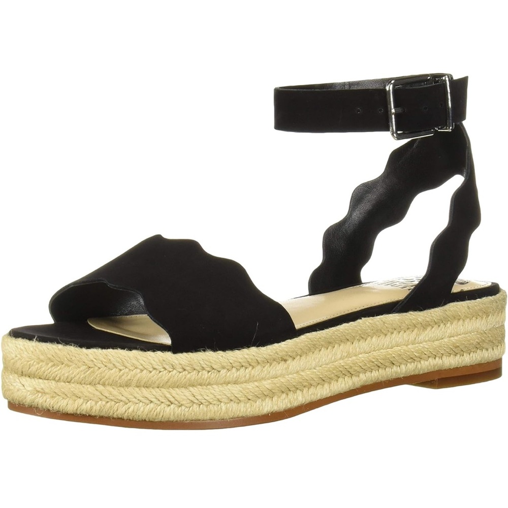 Vince Camuto Kamperla Black Espadrille Sandals with Scalloped Strap